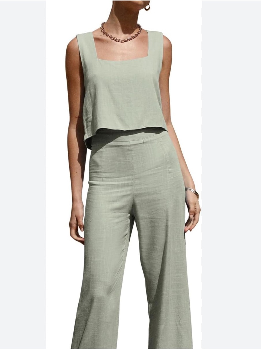 Boutique Sage Light Green Matching Set Crop Pants Square Neck Top Women SZ Large